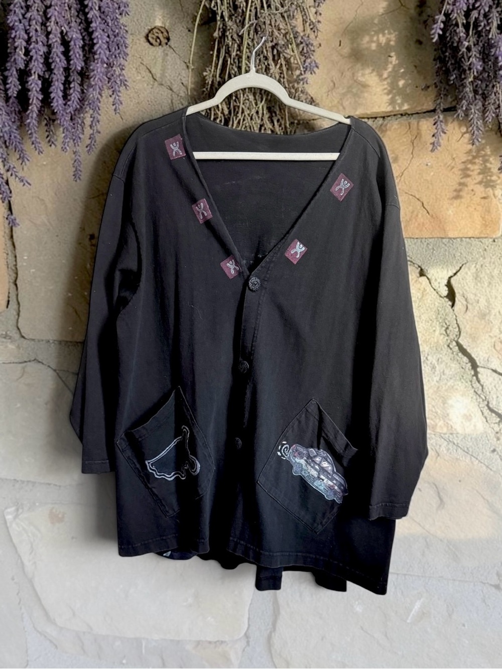 Vintage Blue Fish Hand Painted Organic Cotton Cardigan size one